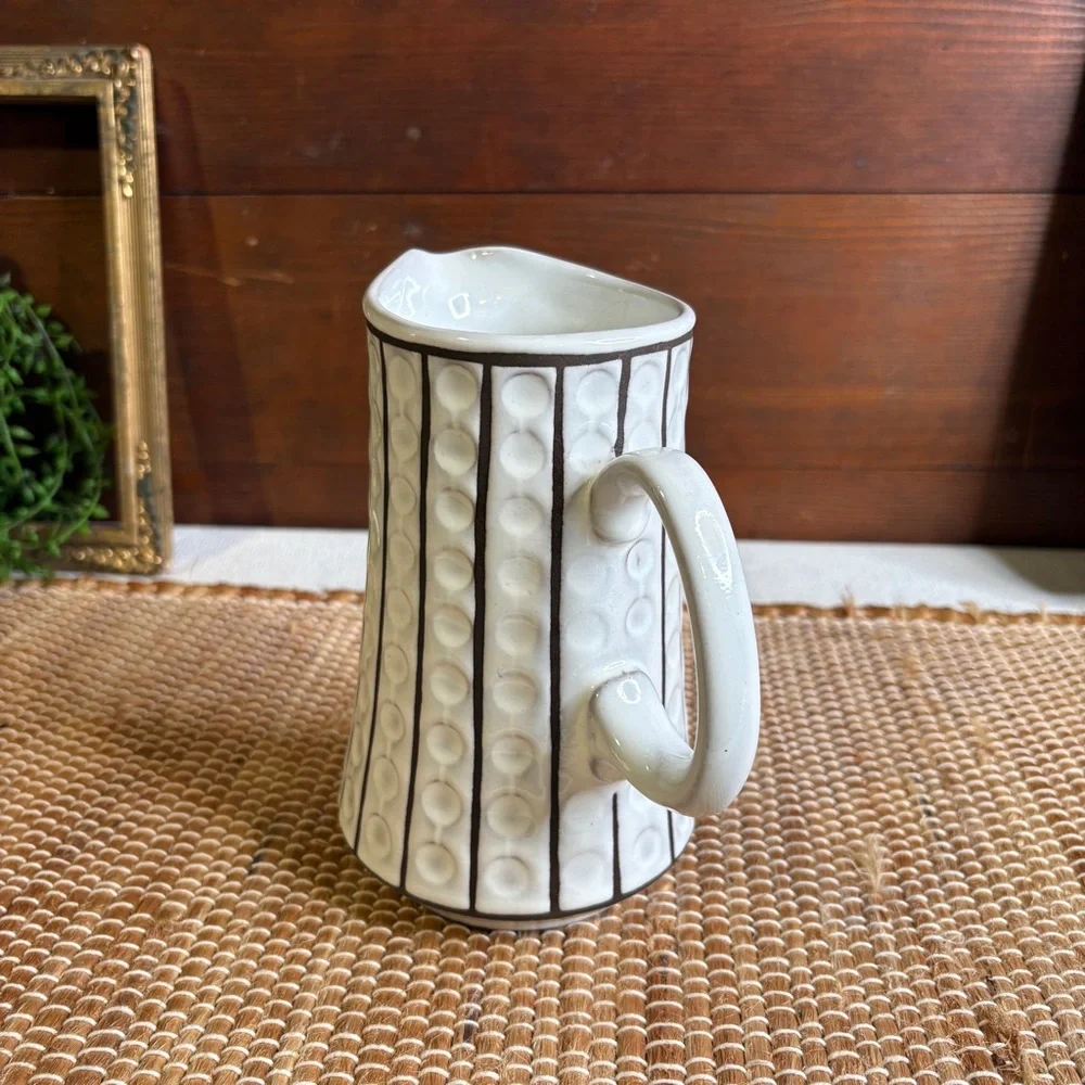 Vintage MCM Ceramano Omega West Germany Dots & Stripes Pitcher White Brown